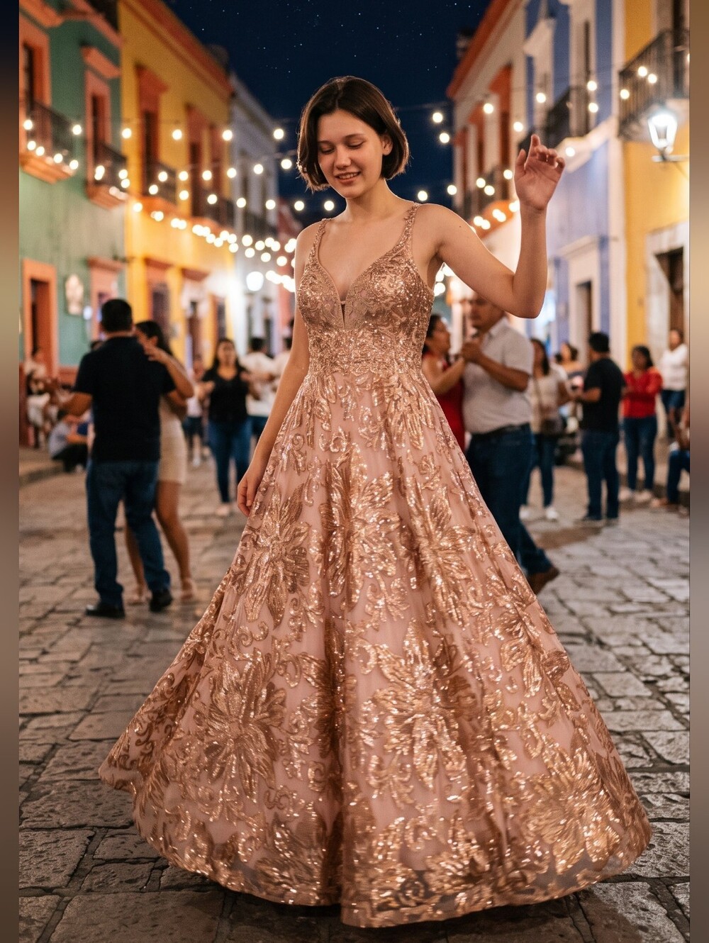 Gold & Pink Metalic Sequined Sleeveless Illusion Plunge Aline Ballgown